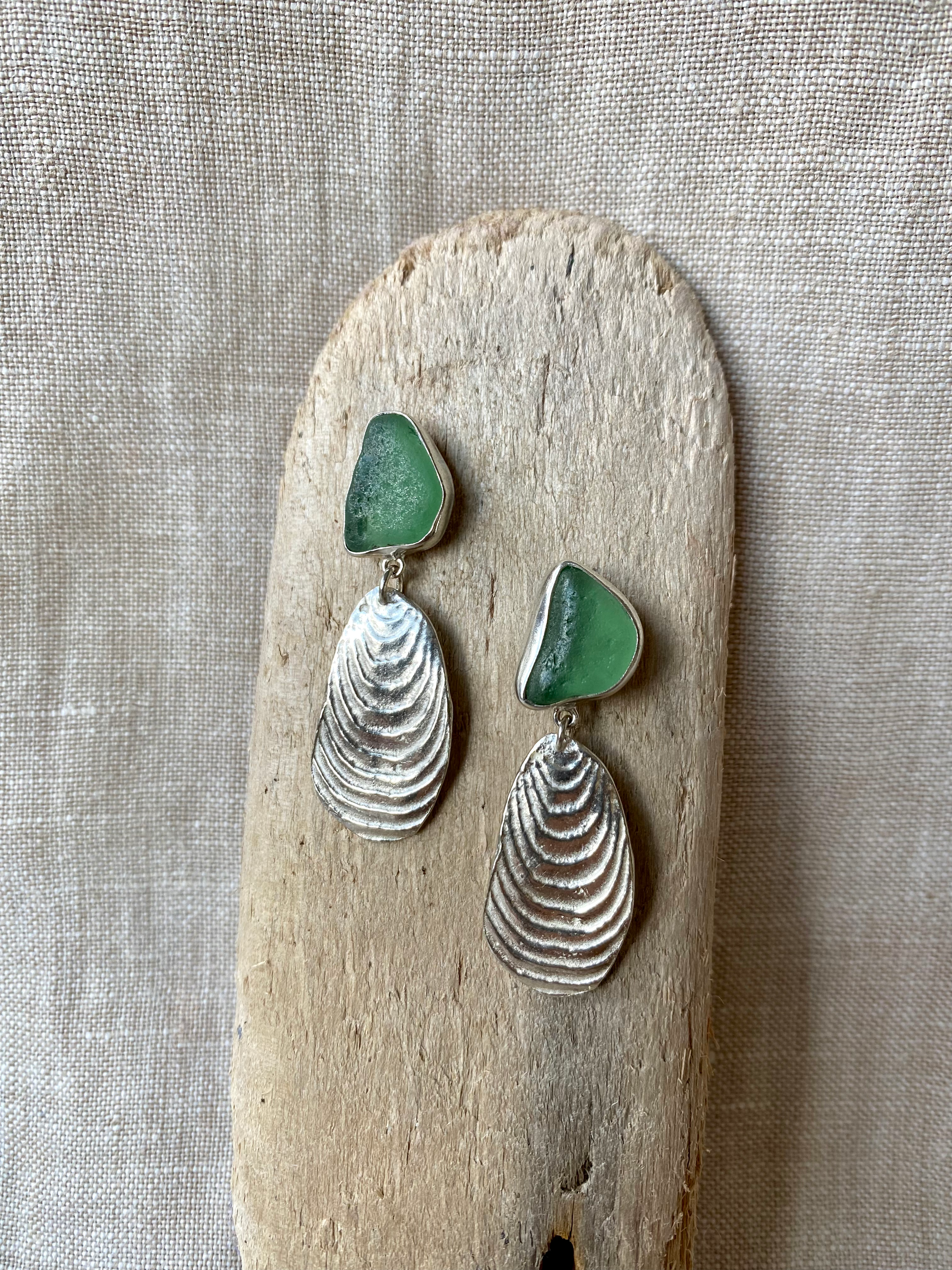 Sea Glass and Silver Cuttlefish Earrings