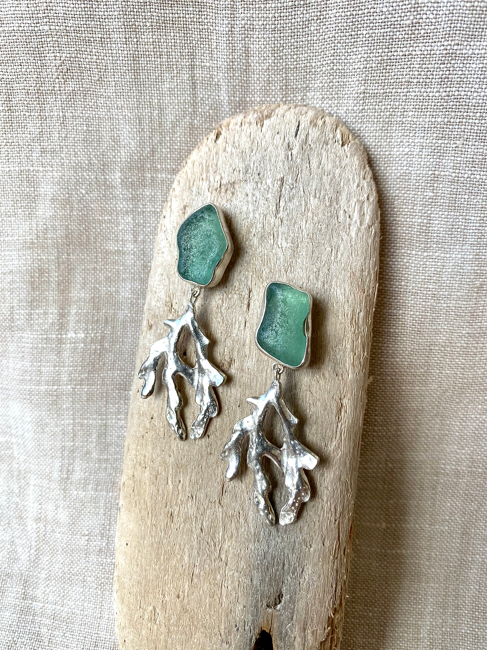 Sea Glass and Silver Coral Earrings
