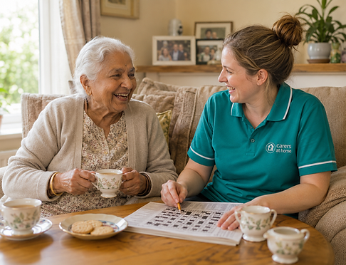 Carers at Home Care Assistant doing crossword with lient