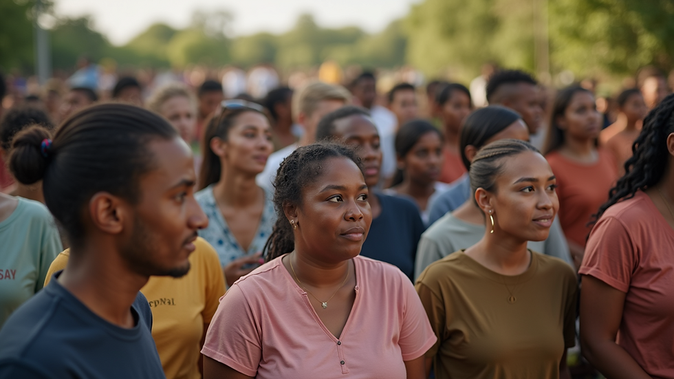Eye-level view of a diverse group of people participating in a community healing event