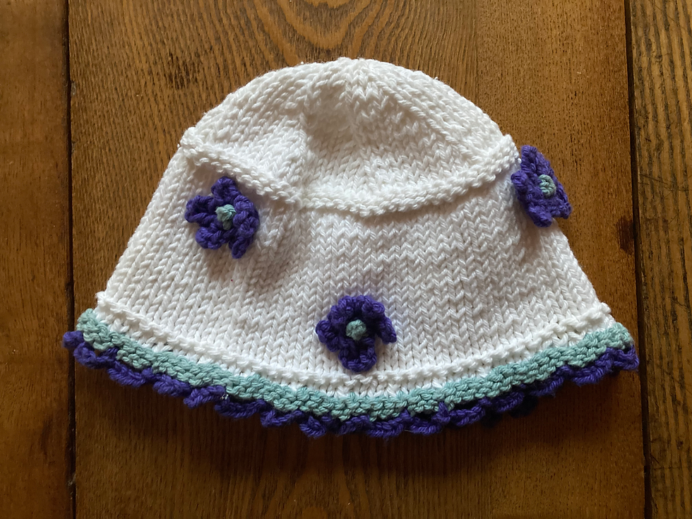 Thumbnail: Handknit Cotton Flower Toddler Hats white with purple flowers