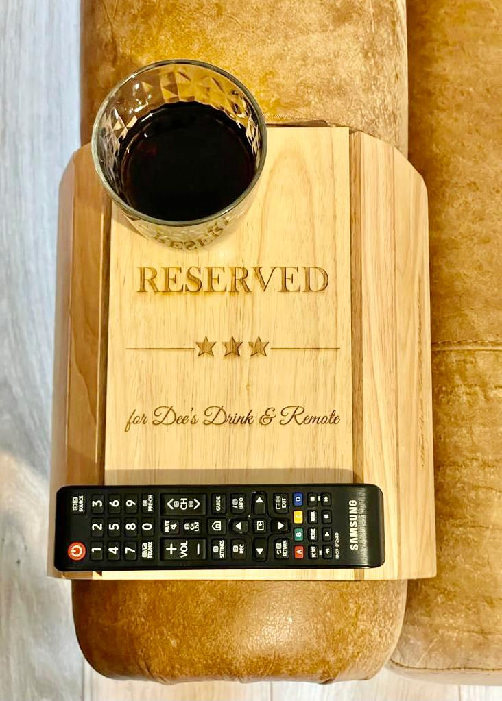 Thumbnail: Personalised Laser Engraved Wooden Sofa Arm Tray Rest Adjustable
