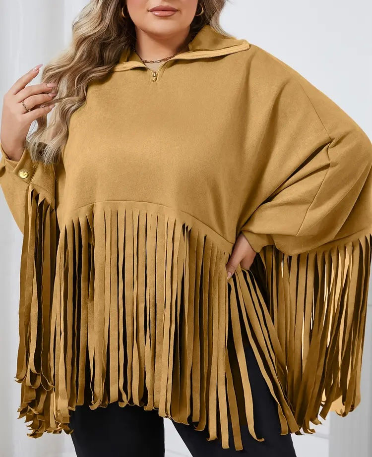 Thumbnail: Solid batwing fringe cloak top