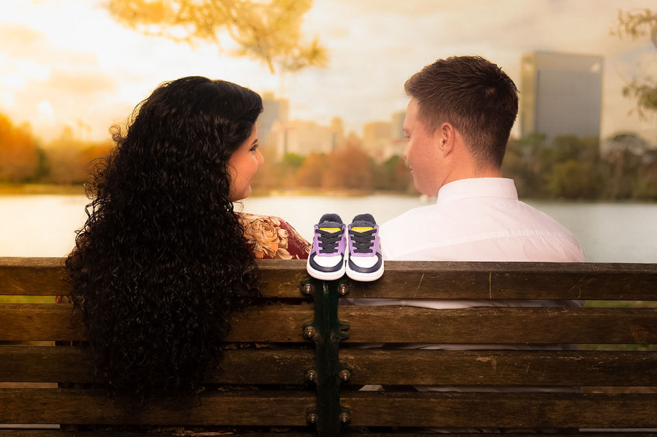 couple bench sunset maternity photo