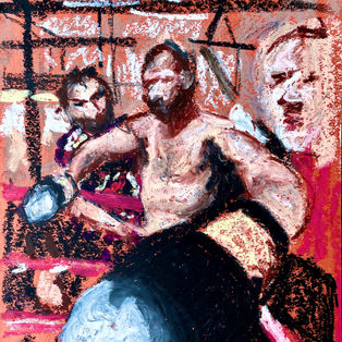 Muay Thai Fight. 21 x 29.7cm. Oil Pastel on red paper. 2023.
