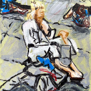 BJJ Training. 21 x 29.7cm. Oil Pastel on green paper. 2023.