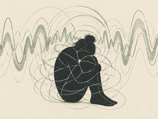 sound waves surrounding woman crouched