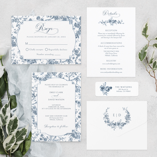 elegant engraved blue french floral toile wedding stationery