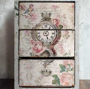 distressed roses, clock and filigree decoupage paper
