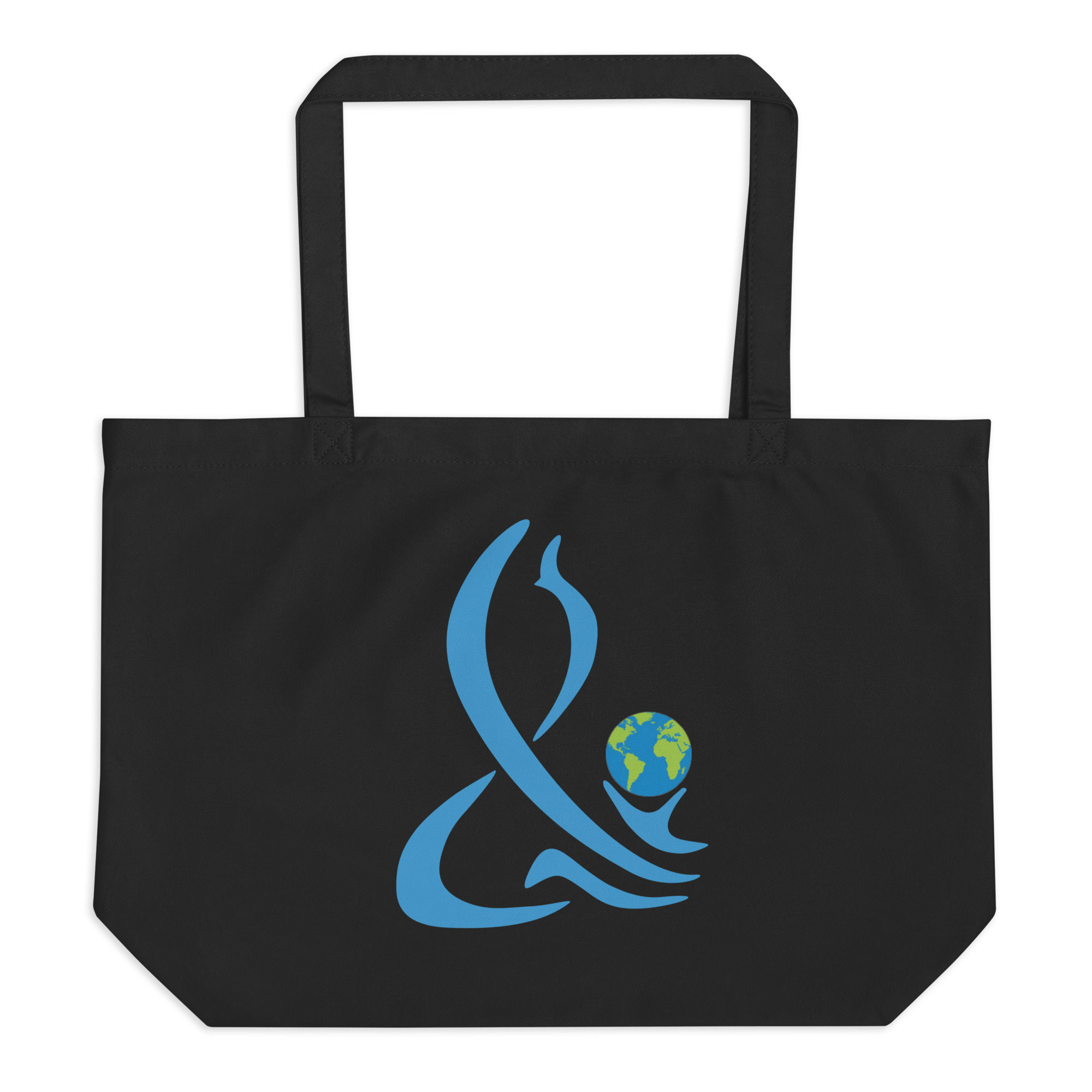 Black organic cotton tote with blue ampersand cradling a globe
