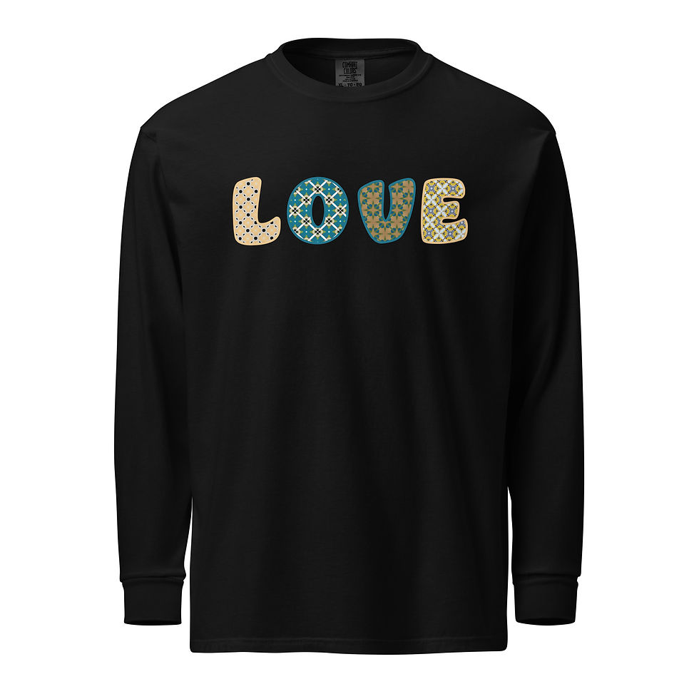 Thumbnail: Front view Long sleeve shirt featuring a repeating patterned love graphic across the fabric.