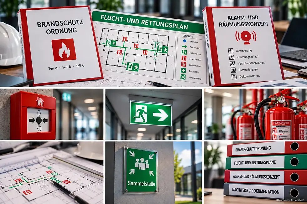 Unterlagen eines Brandschutzbeauftragten: Brandschutzordnung, Flucht- und Rettungsplan, Alarm- und Räumungskonzept, dazu Brandmelder, Fluchtwegschild und Feuerlöscher