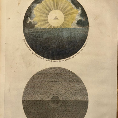 1725 Calmet engraving depicting the Creation according to Moses, showing God’s spirit over the waters, separation of light and darkness, antique copperplate print.