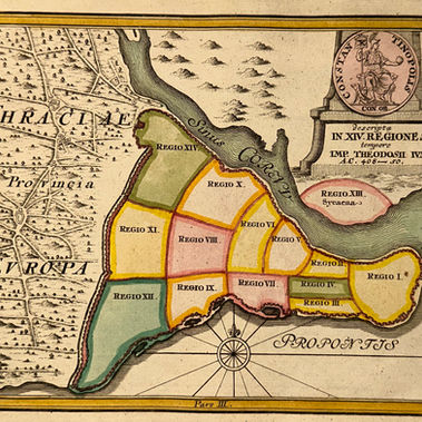 18th-century hand-coloured copperplate engraving of Constantinople showing the fourteen administrative regions during the reign of Emperor Theodosius II, by David Köhler and Christoph Weigel, Nuremberg, c. 1720
