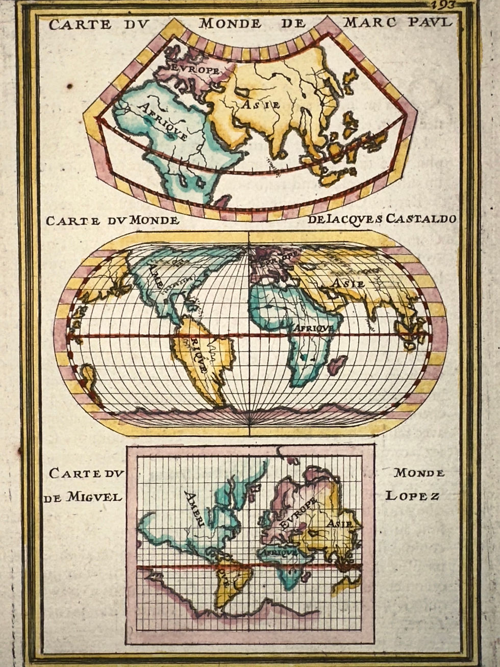 17th-century world maps by Alain Manesson Mallet showing three historical visions of the world, from Description de l’Univers (1683)