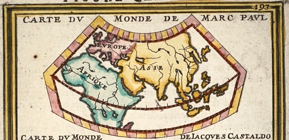 Medieval world map attributed to Marco Polo from Alain Manesson Mallet’s Description de l’Univers (1683), showing a narrative view of the world dominated by Asia