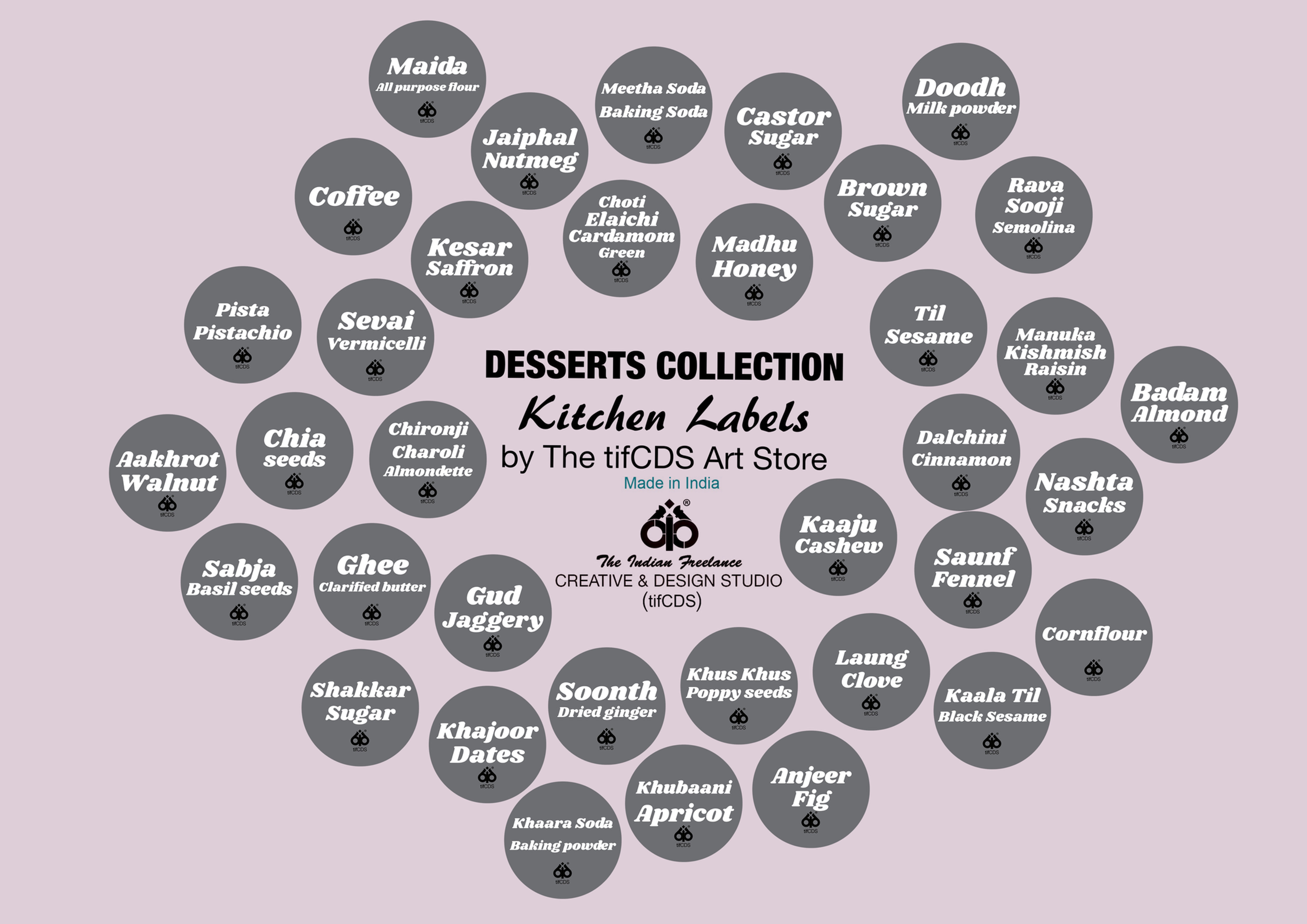 Printed Kitchen Bottle/Jars Labels on Paper Stickers - Set of 36 Dessert ingreds