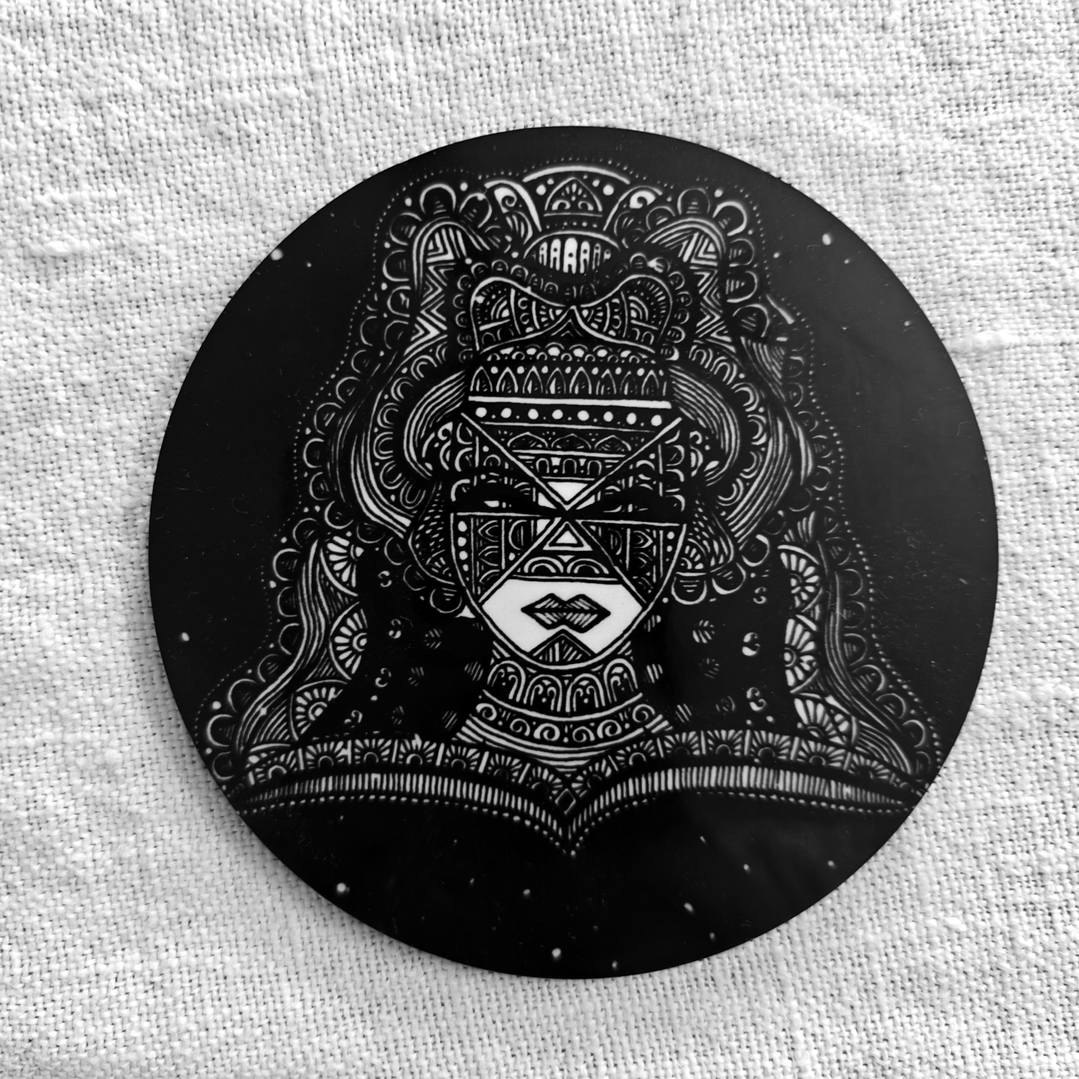 Wooden Coaster Virgo Zodiac Mandala art BnW 3.5in dia Single pc