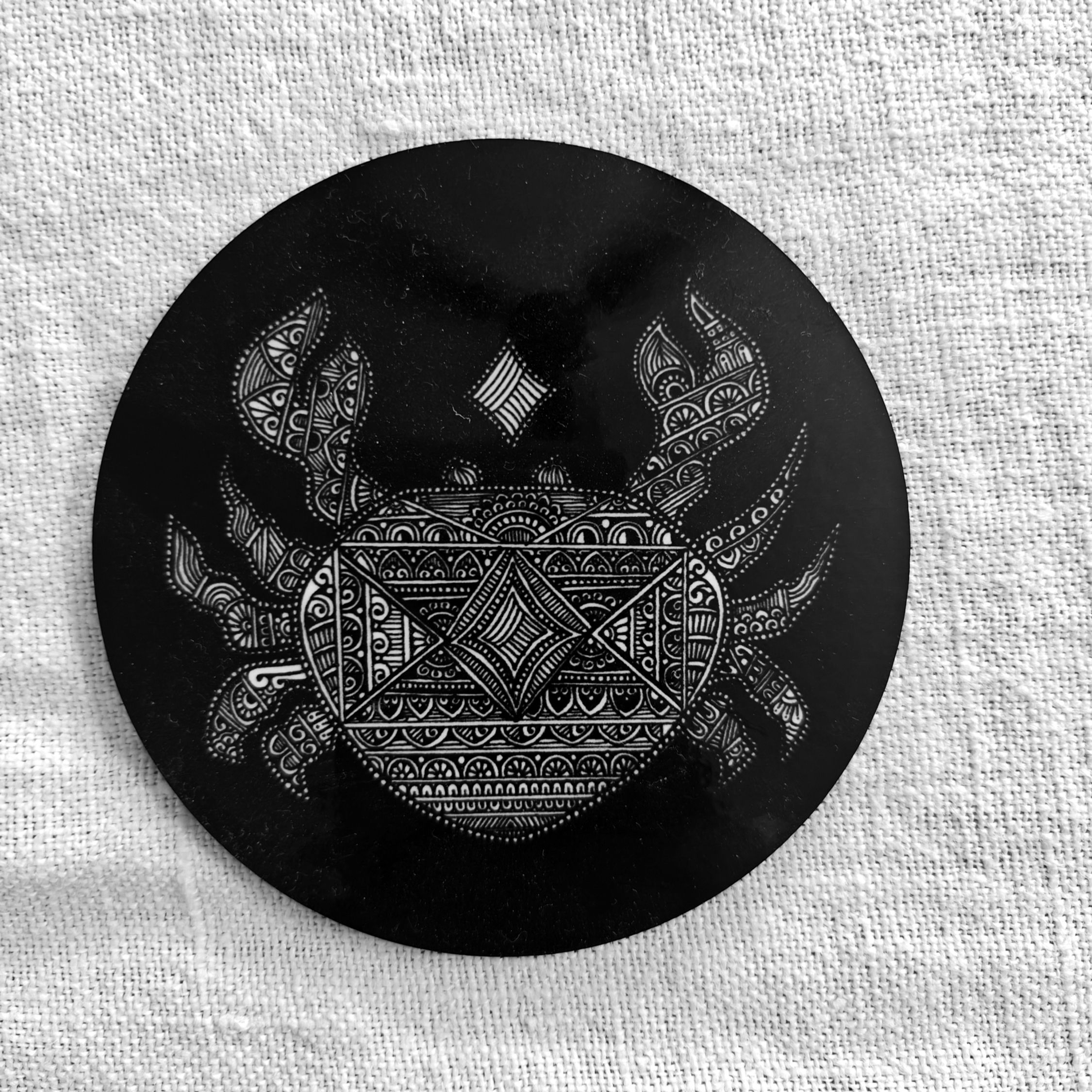 Wooden Coaster Cancer Zodiac Mandala art BnW 3.5in dia Single pc