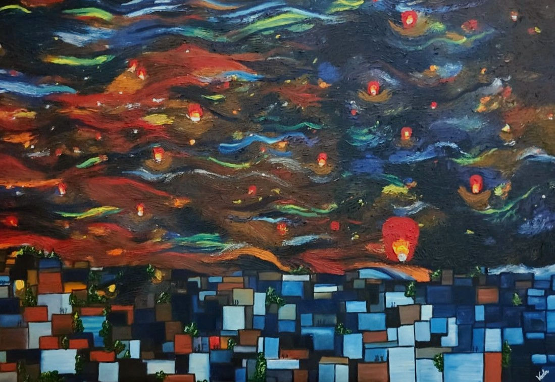 Uttarayan Oil Painting on Canvas 36inX24in 3d Framed
