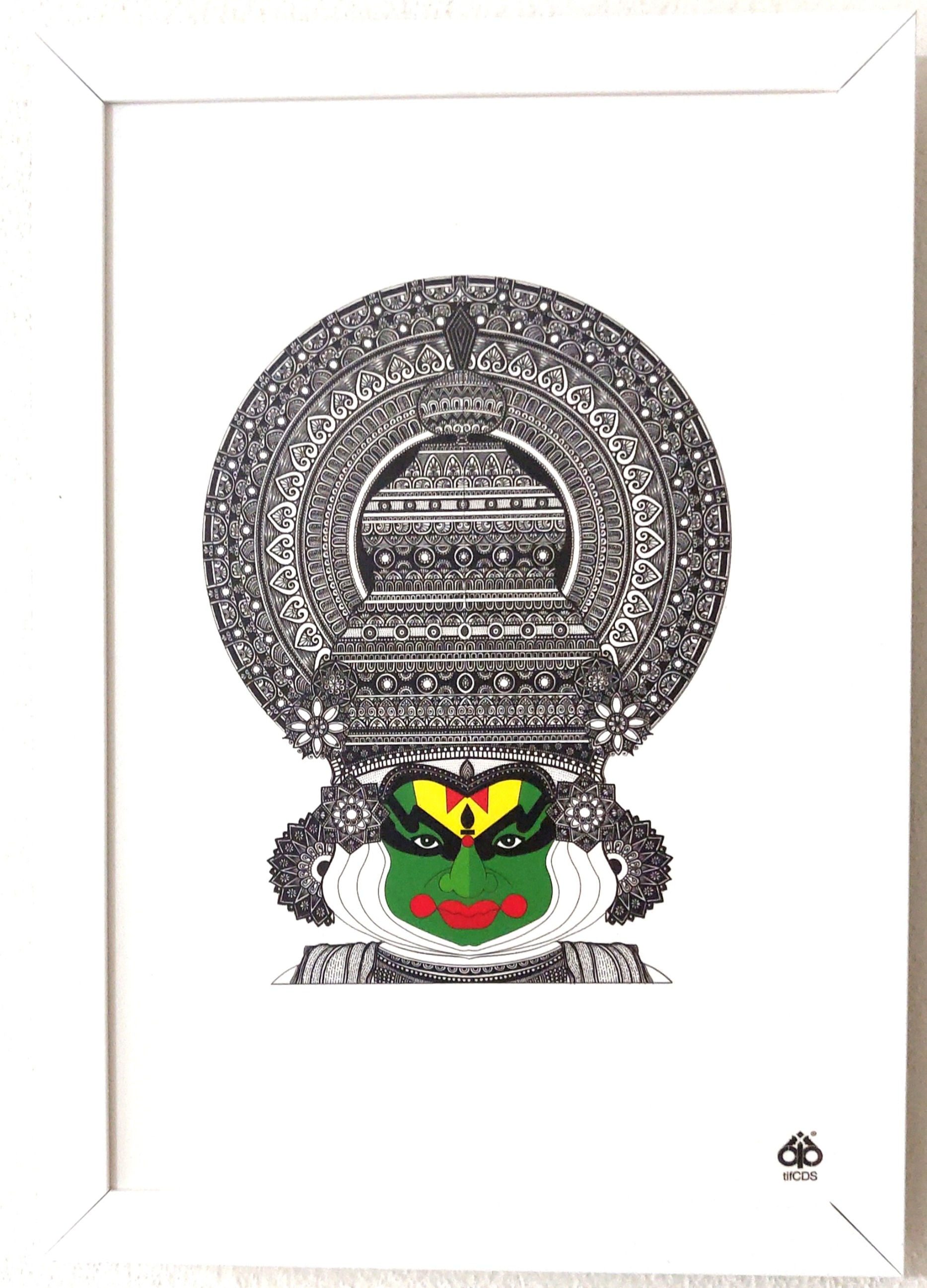 Kathakali Dancer Mandala Art White 12inX18in Framed Poster Matte Laminated