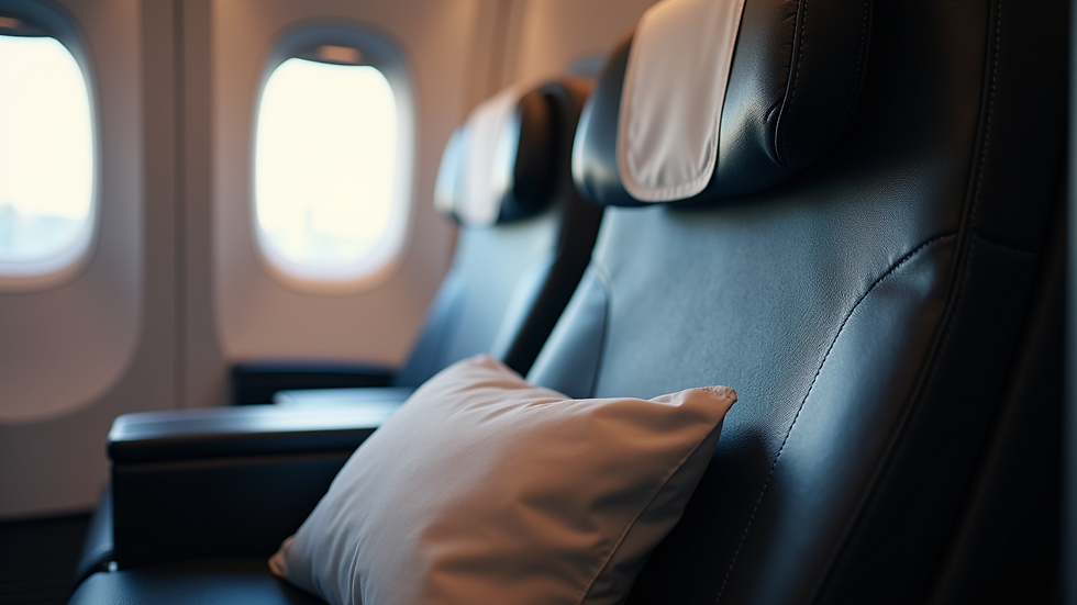 Close-up view of a business class airplane seat with luxury amenities