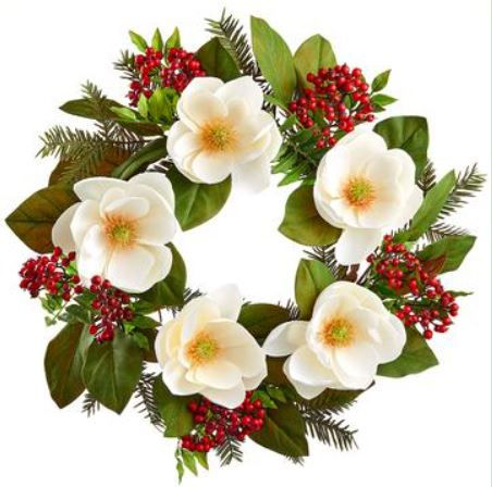 Magnolia Berry Pine Wreath 24", White Red