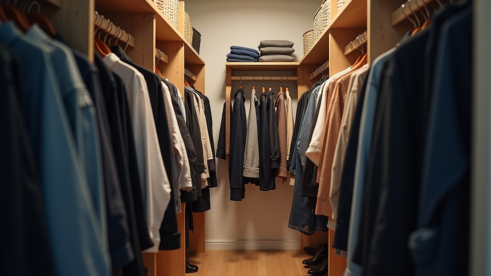 Eye-level view of an organized closet filled with neatly arranged clothes