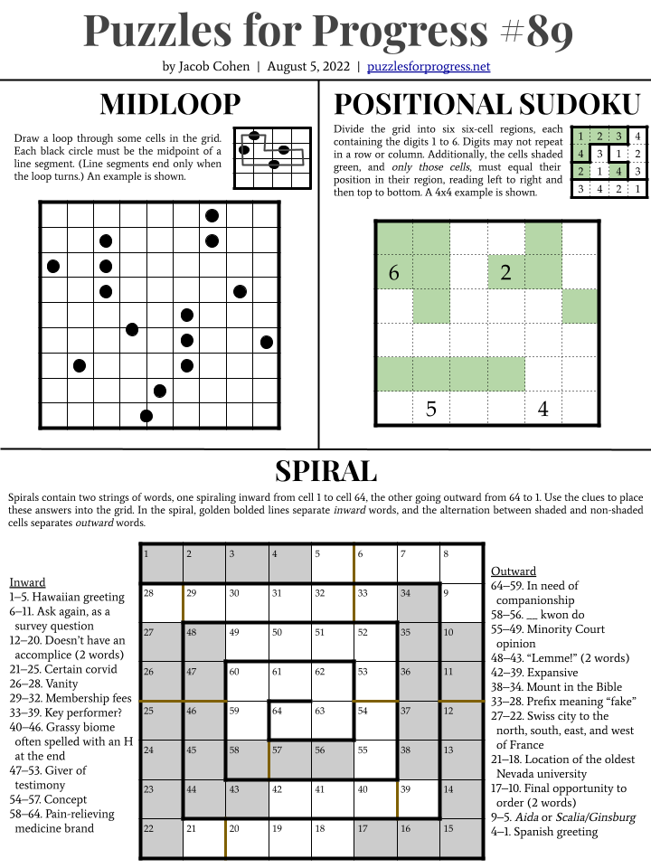 #89: Midloop, Positional Sudoku, Spiral