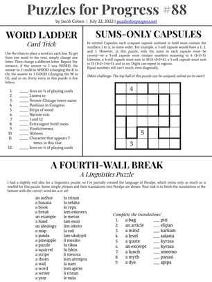 #88: Word Ladder, Sums-Only Capsules, A Fourth-Wall Break