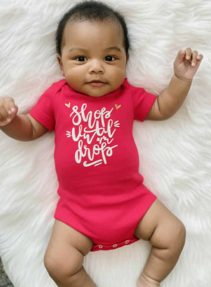 Thumbnail: Adorable baby in red bodysuit: "Shop until you drop"