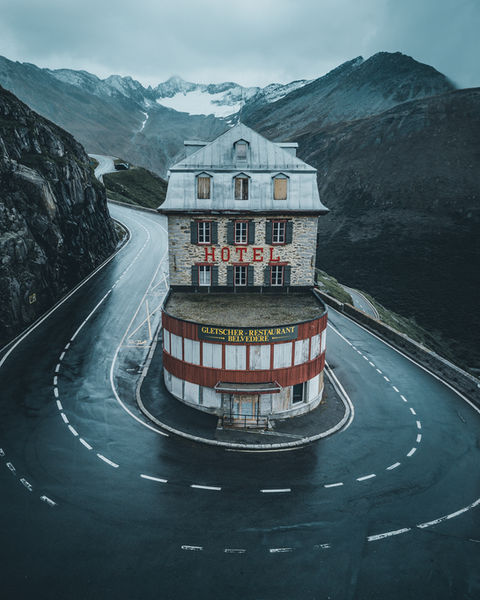 The Belvédère Hotel, Switzerland. The famous hotel sits between a hair pin bend in the Swiss Alps. 