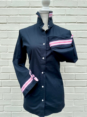 Navy w Pink & Navy Stripe Ribbon Shirt