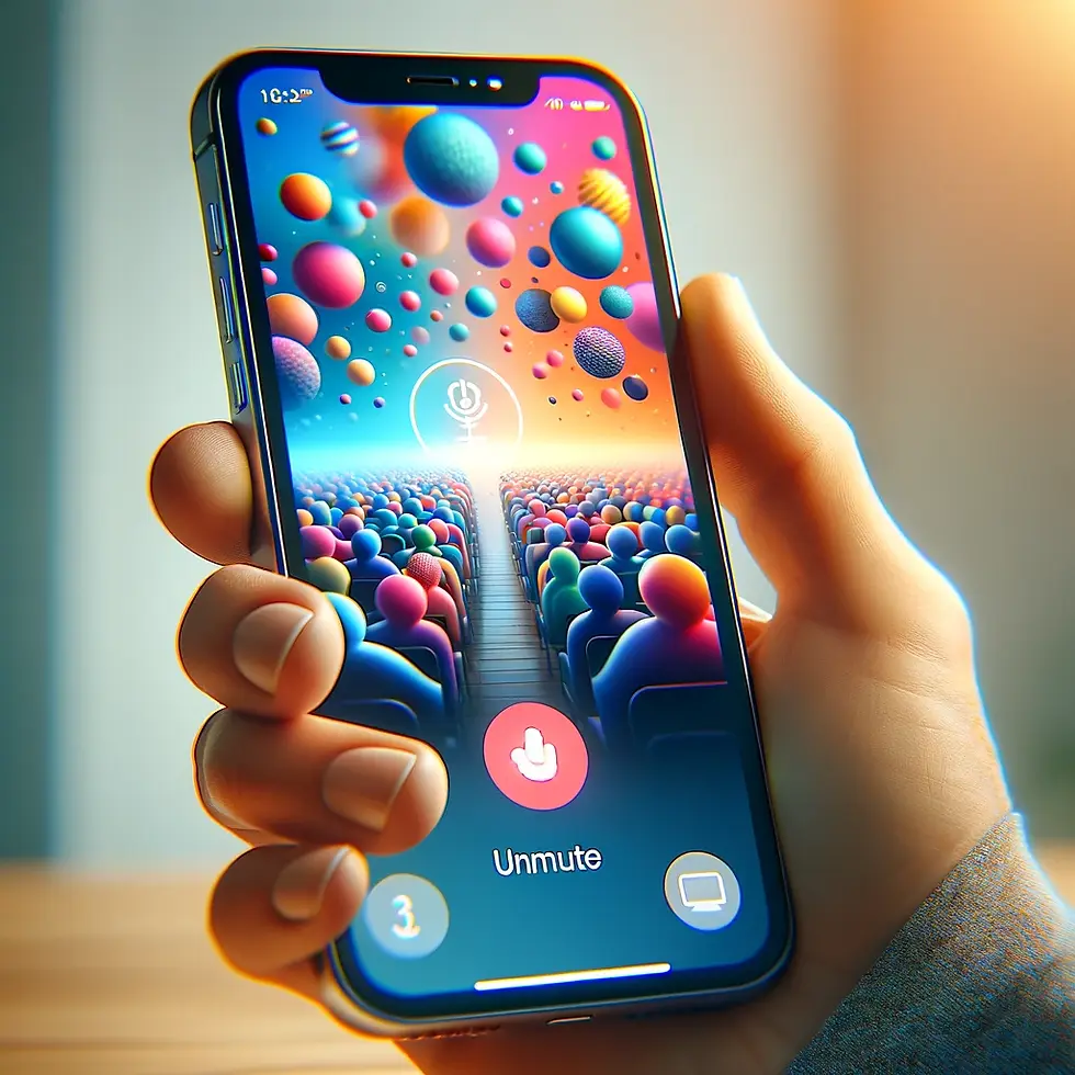 Close-up of a hand holding a smartphone with the Zoom app open, displaying the unmute button on the screen.