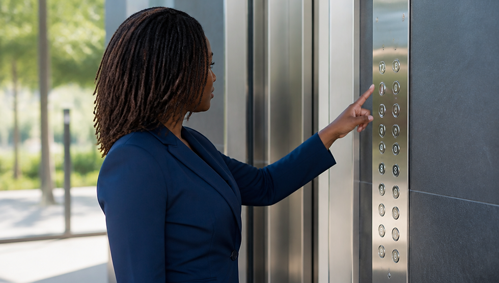Black woman with locs in a navy blazer reaching toward a higher floor button on an elevator panel.