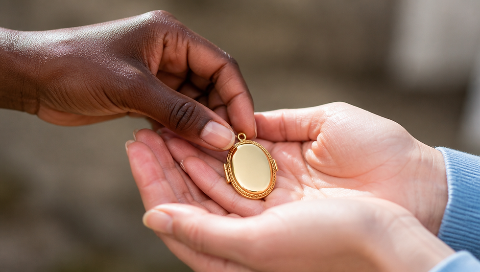 Two Black women's hands as one places a beautiful gold locket into the other's open cupped hands.