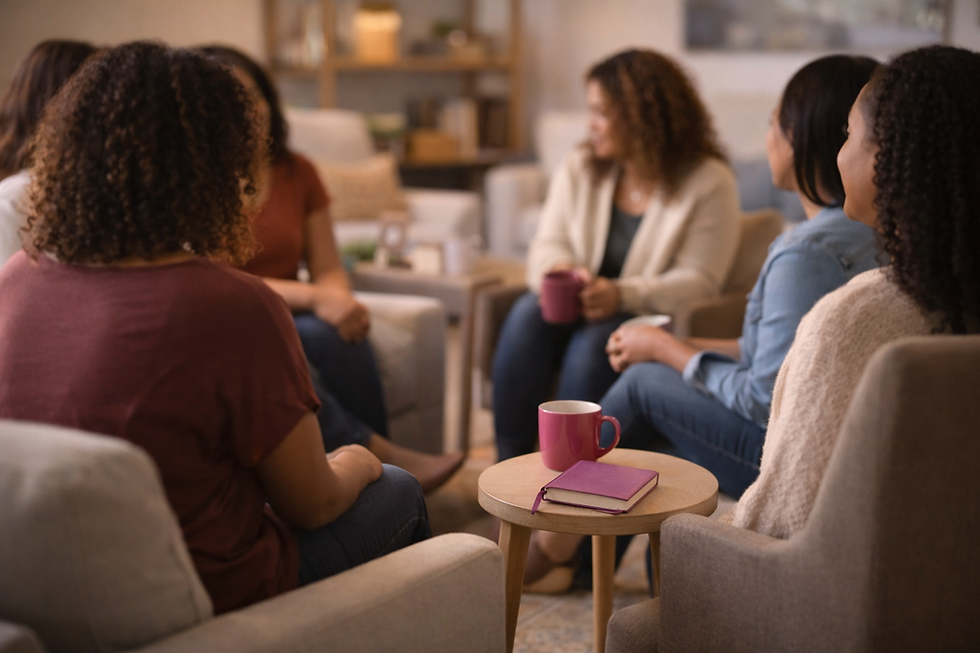 Women sitting together in conversation representing the SheShed faith in real life Bible teaching category
