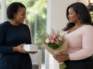 Two Black women facing each other one holding a small gift box and the other holding a bouquet of flowers in a bright room
