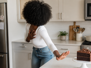 Black woman with natural afro in white top reaching toward a slice of chocolate cake on a kitchen counter