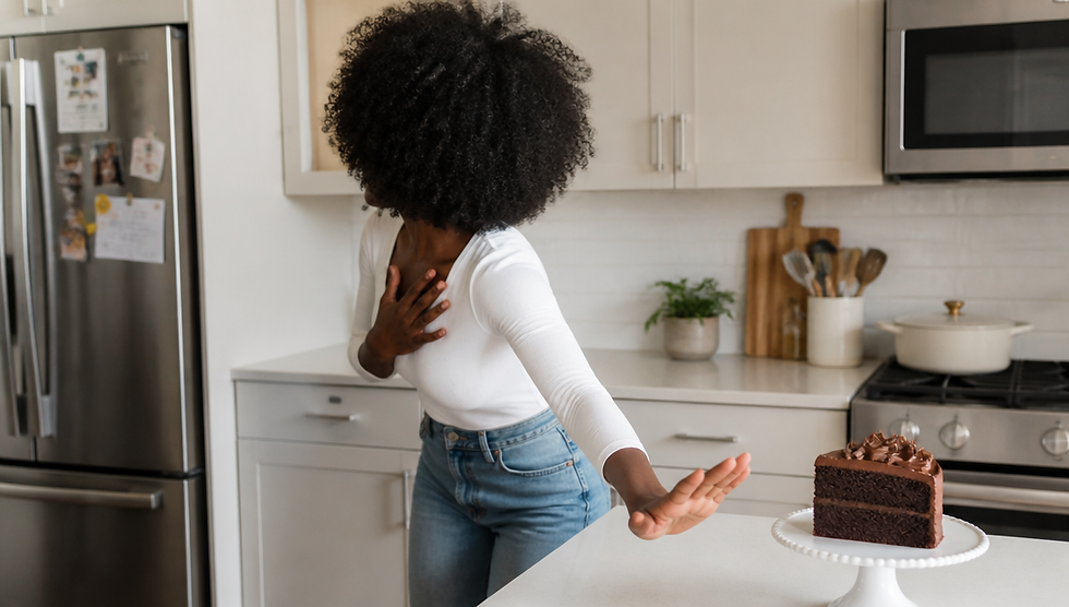 Black woman with natural afro in white top reaching toward a slice of chocolate cake on a kitchen counter