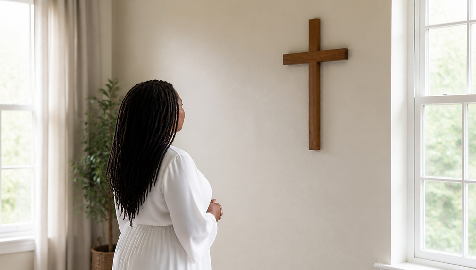 Black woman in a white dress standing calm with hands folded, looking up at a simple wooden cross on the wall in a bright room.
