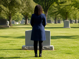 Black woman with locs in a navy coat standing from behind at a headstone in a cemetery in bright daylight.