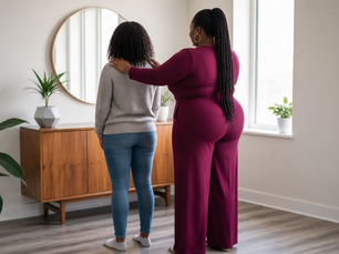 Black woman in magenta top with hands placed gently on another woman shoulders in a gesture of intentional care in a bright room