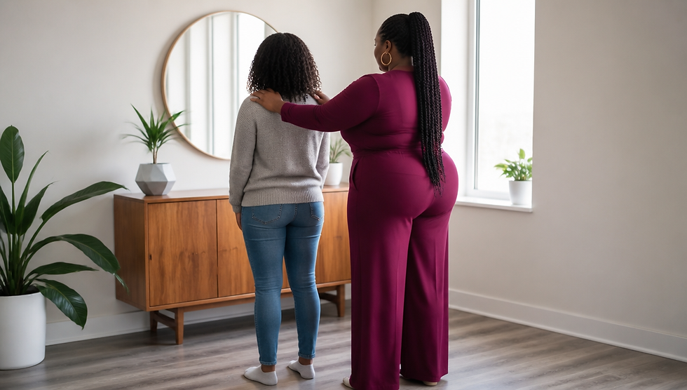Black woman in magenta top with hands placed gently on another woman shoulders in a gesture of intentional care in a bright room