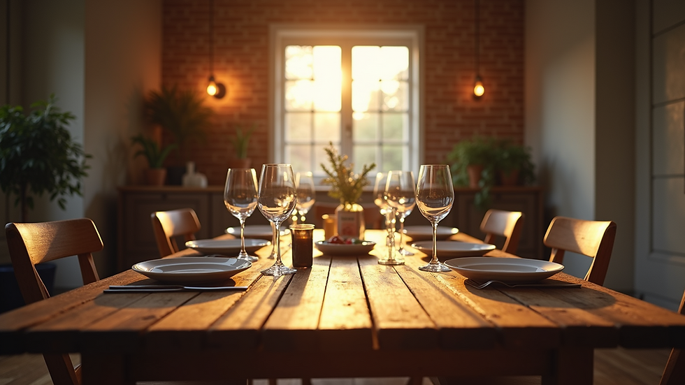 Eye-level view of an intimate gathering set with a rustic wooden dining table
