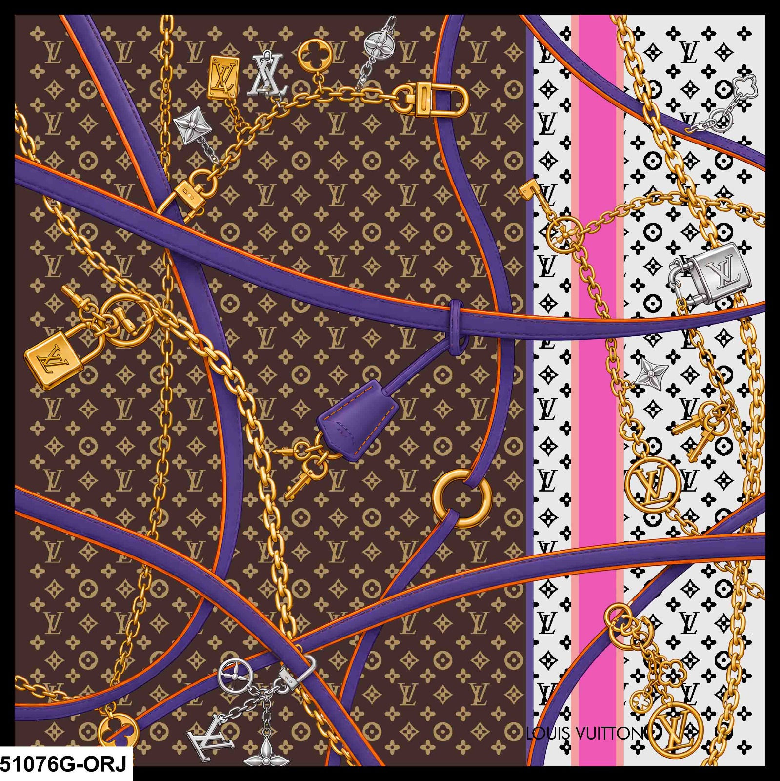 מטפחת משי LV – Monogram Chains & Straps – Dark Brown, White & Pink