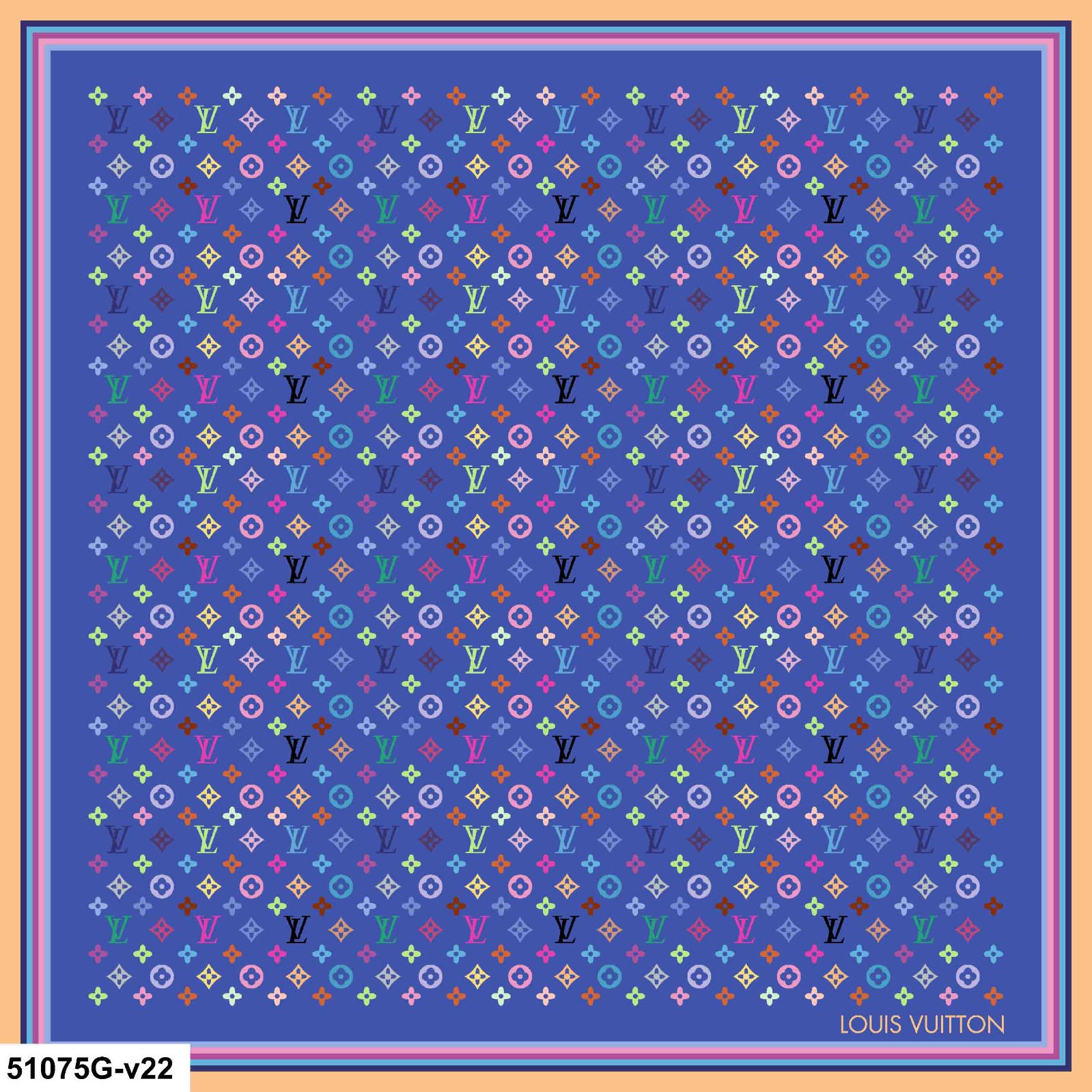 מטפחת משי LV – Multicolor Monogram – Medium Blue, Pink & Gold