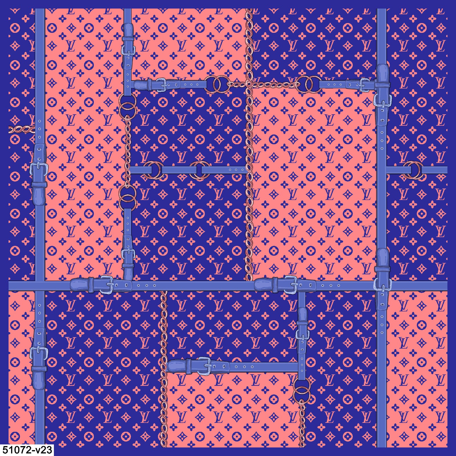 מטפחת משי LV – Monogram Patchwork & Straps – Blue & Pink Coral