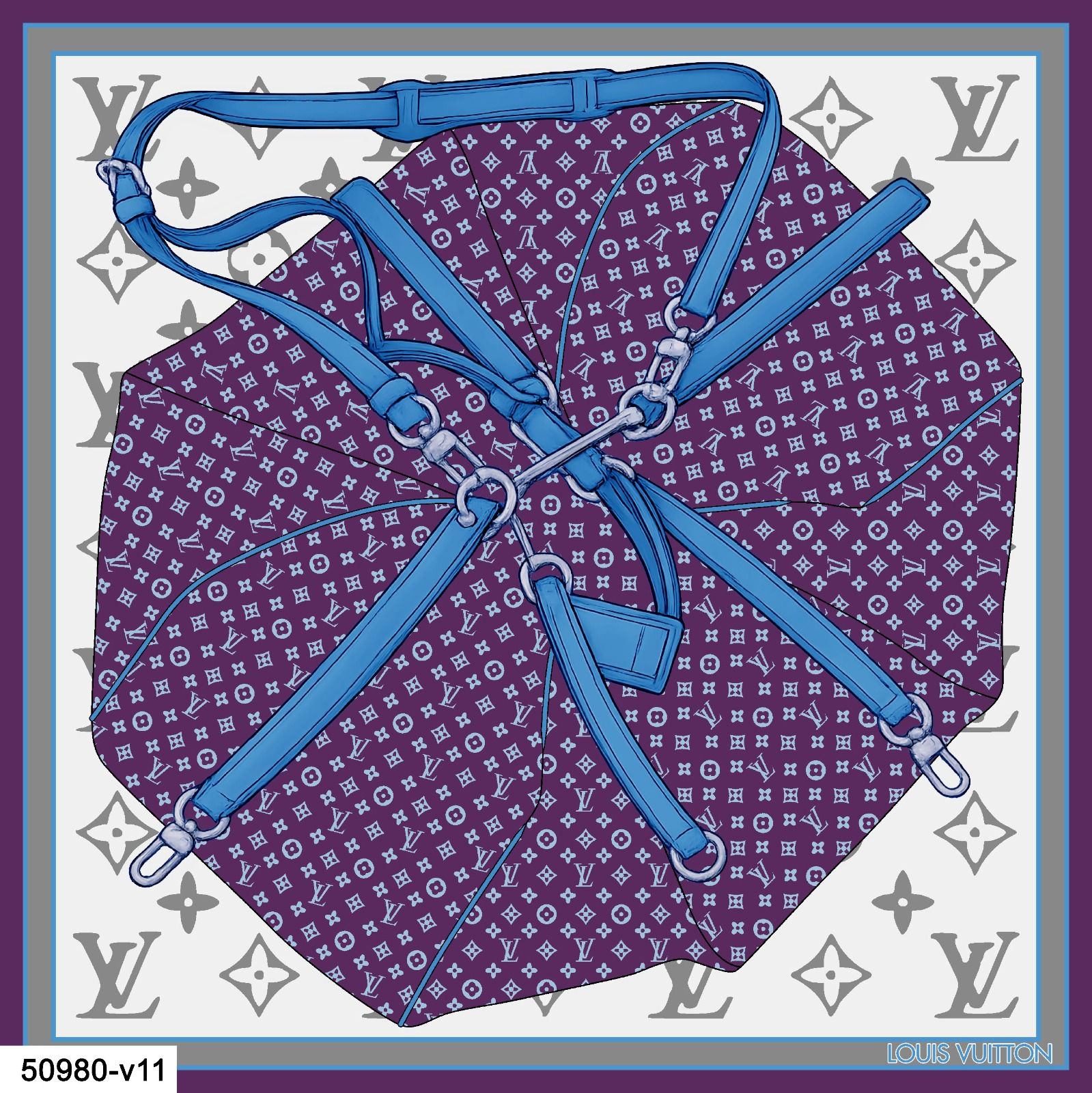 מטפחת משי LV – Monogram Harness – Purple & Electric Blue
