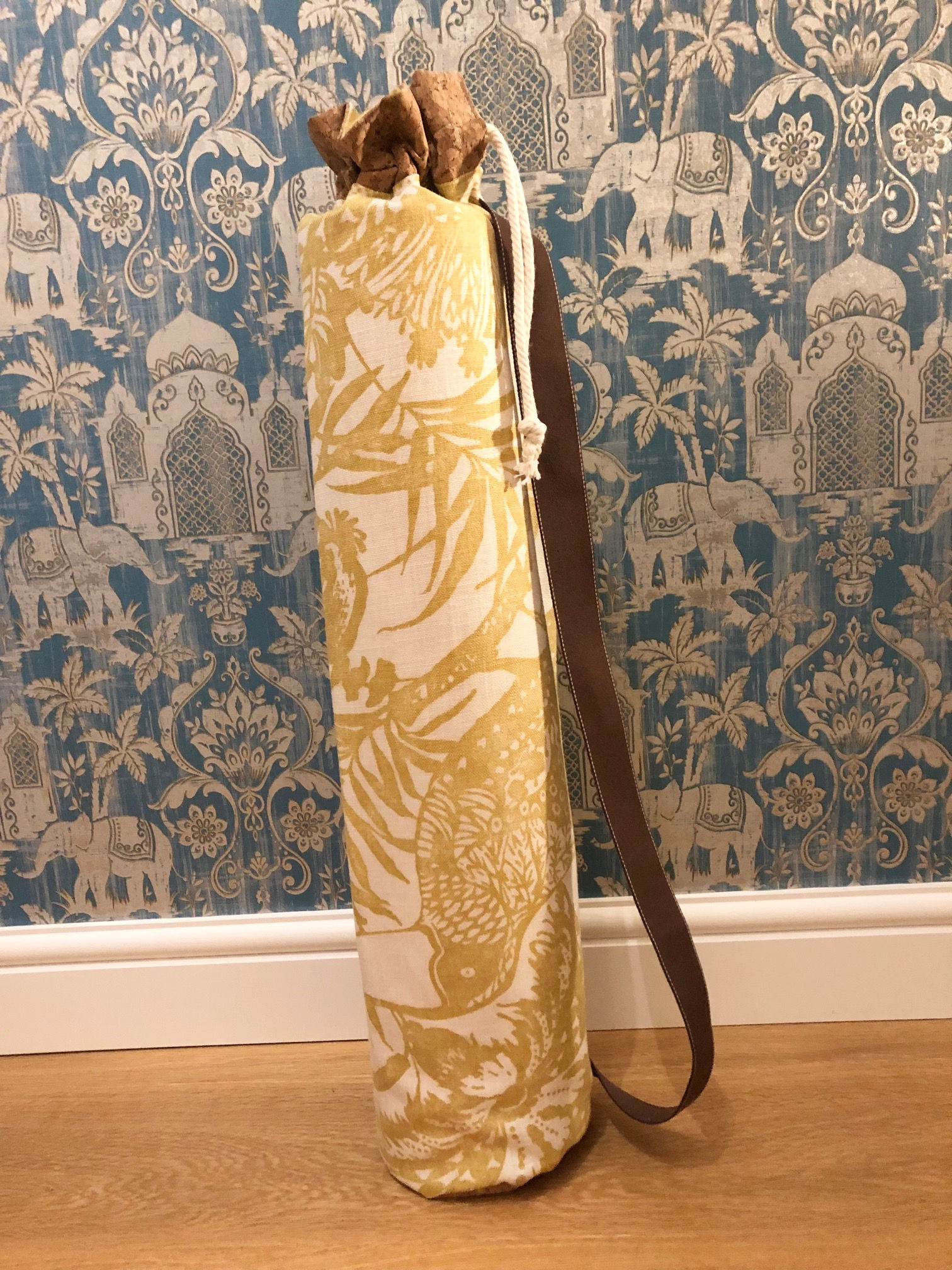 Unique Yoga Mat Bag - Yellow pattern fabric with cork accents and brown strap